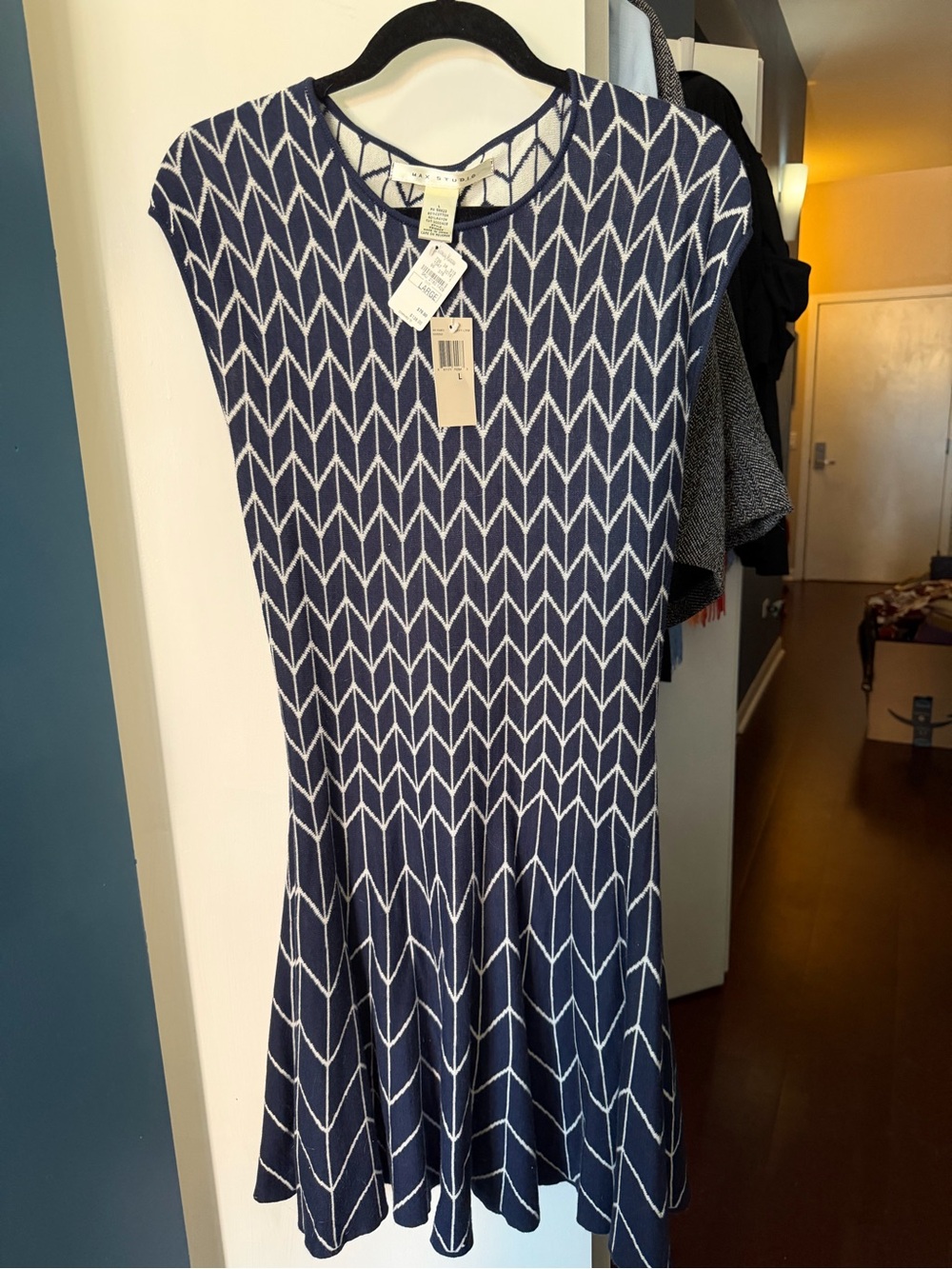 Max Studio Navy and White Geometric Knit Midi Dress